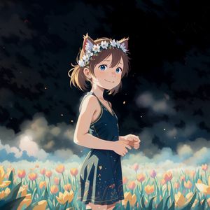 Preview wallpaper girl, ears, flowers, clouds, anime, smile