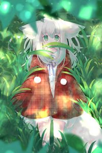 Preview wallpaper girl, ears, forest, grass, fantasy, anime, art