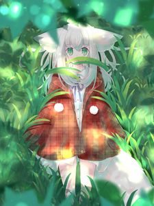 Preview wallpaper girl, ears, forest, grass, fantasy, anime, art