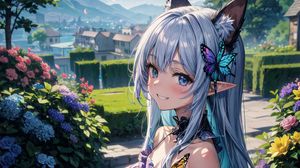 Preview wallpaper girl, ears, garden, butterfly, art, anime