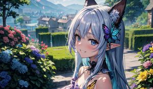 Preview wallpaper girl, ears, garden, butterfly, art, anime