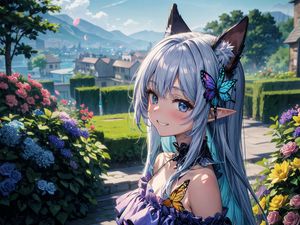 Preview wallpaper girl, ears, garden, butterfly, art, anime