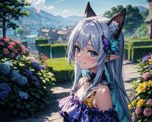 Preview wallpaper girl, ears, garden, butterfly, art, anime