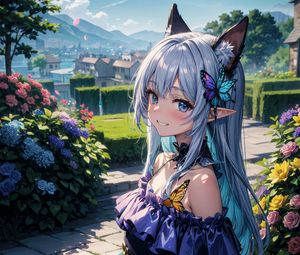 Preview wallpaper girl, ears, garden, butterfly, art, anime