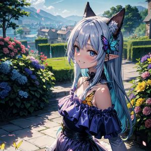 Preview wallpaper girl, ears, garden, butterfly, art, anime