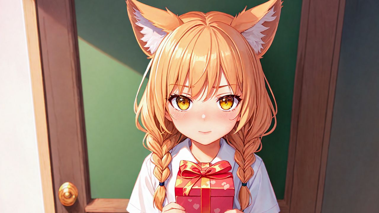 Wallpaper girl, ears, gift, door, anime
