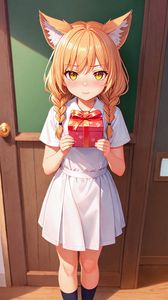 Preview wallpaper girl, ears, gift, door, anime