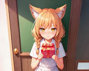 Preview wallpaper girl, ears, gift, door, anime