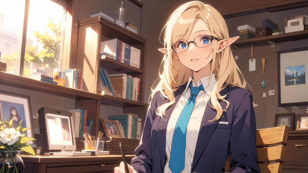 Wallpaper girl, ears, glasses, tie, office, anime, art