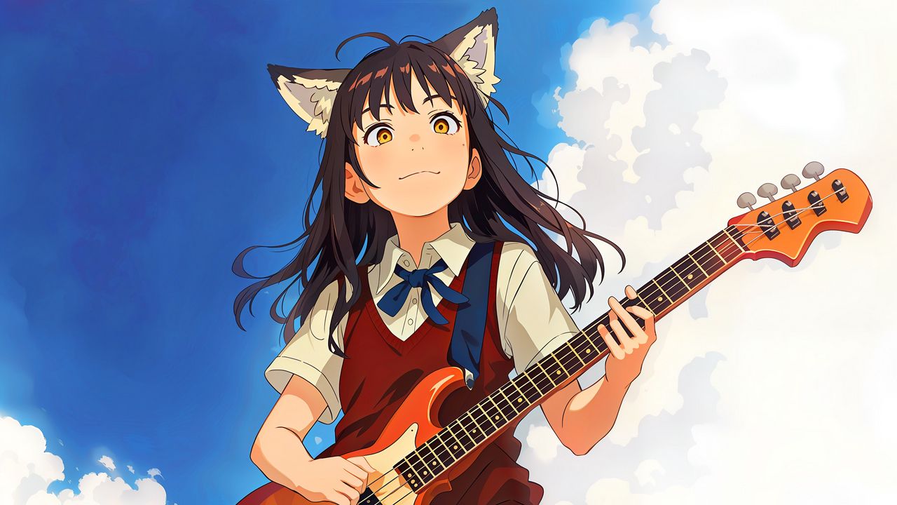 Wallpaper girl, ears, guitar, sky, anime
