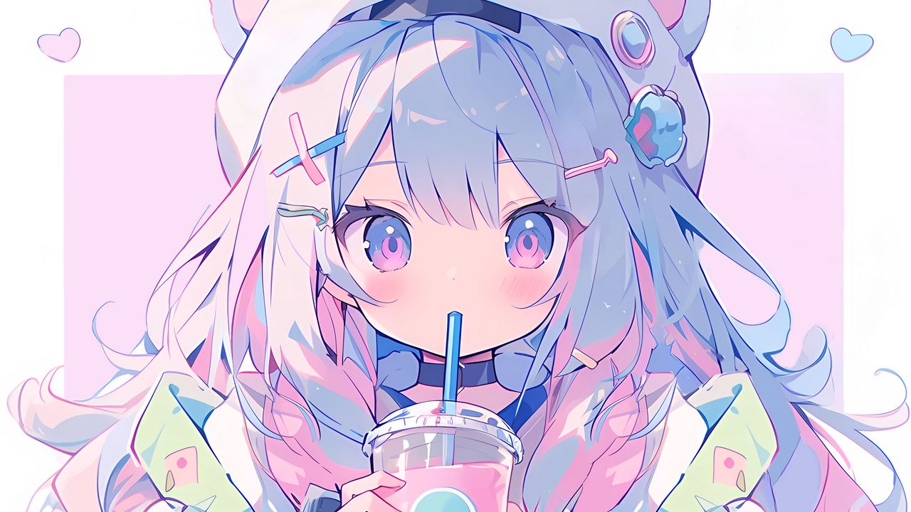 Wallpaper girl, ears, hairpins, drink, anime