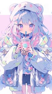 Preview wallpaper girl, ears, hairpins, drink, anime