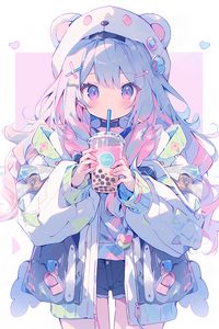 Preview wallpaper girl, ears, hairpins, drink, anime