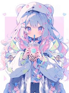 Preview wallpaper girl, ears, hairpins, drink, anime