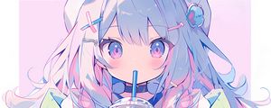 Preview wallpaper girl, ears, hairpins, drink, anime