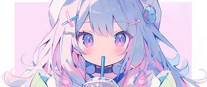 Preview wallpaper girl, ears, hairpins, drink, anime