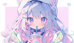 Preview wallpaper girl, ears, hairpins, drink, anime