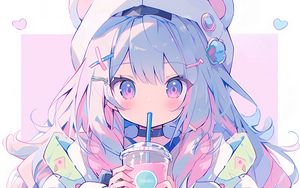 Preview wallpaper girl, ears, hairpins, drink, anime