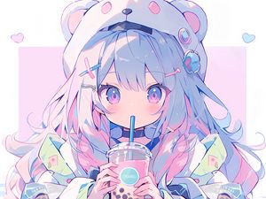 Preview wallpaper girl, ears, hairpins, drink, anime