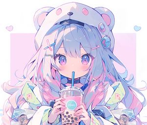 Preview wallpaper girl, ears, hairpins, drink, anime