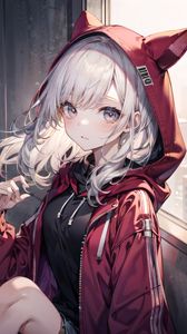 Preview wallpaper girl, ears, hood, window, anime