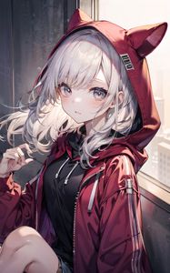 Preview wallpaper girl, ears, hood, window, anime