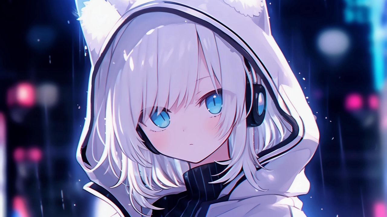 Wallpaper girl, ears, hood, headphones, anime, blue