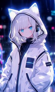 Preview wallpaper girl, ears, hood, headphones, anime, blue