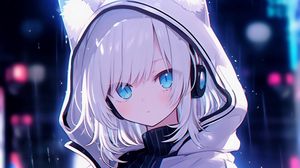 Preview wallpaper girl, ears, hood, headphones, anime, blue