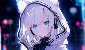 Preview wallpaper girl, ears, hood, headphones, anime, blue