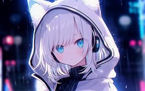 Preview wallpaper girl, ears, hood, headphones, anime, blue