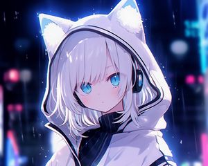 Preview wallpaper girl, ears, hood, headphones, anime, blue