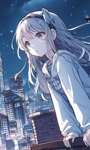 Preview wallpaper girl, ears, hoodie, city, anime, art