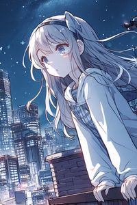 Preview wallpaper girl, ears, hoodie, city, anime, art