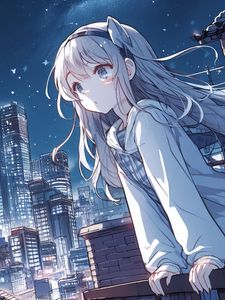 Preview wallpaper girl, ears, hoodie, city, anime, art