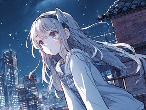 Preview wallpaper girl, ears, hoodie, city, anime, art