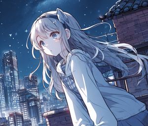Preview wallpaper girl, ears, hoodie, city, anime, art