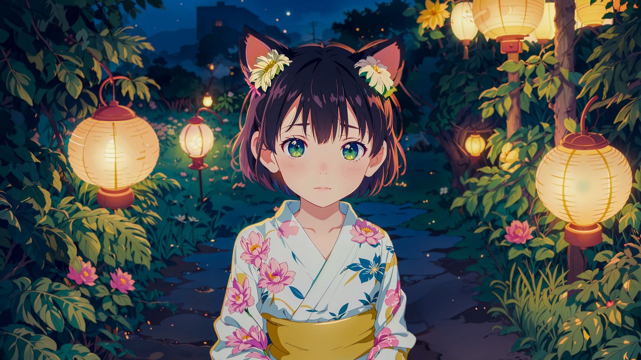 Wallpaper girl, ears, kimono, chinese lanterns, leaves, anime