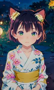 Preview wallpaper girl, ears, kimono, chinese lanterns, leaves, anime