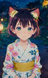 Preview wallpaper girl, ears, kimono, chinese lanterns, leaves, anime
