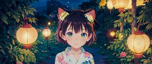 Preview wallpaper girl, ears, kimono, chinese lanterns, leaves, anime