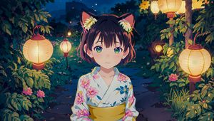 Preview wallpaper girl, ears, kimono, chinese lanterns, leaves, anime