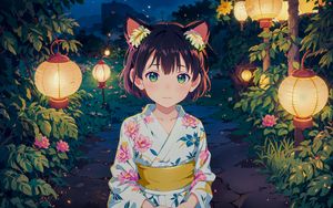 Preview wallpaper girl, ears, kimono, chinese lanterns, leaves, anime