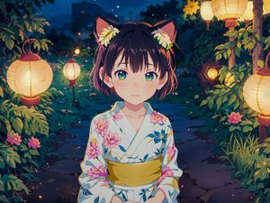 Preview wallpaper girl, ears, kimono, chinese lanterns, leaves, anime