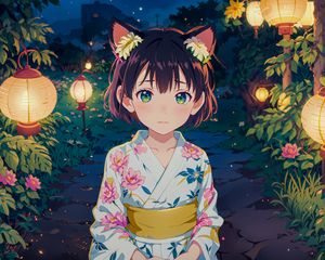 Preview wallpaper girl, ears, kimono, chinese lanterns, leaves, anime