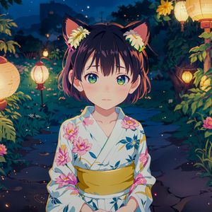 Preview wallpaper girl, ears, kimono, chinese lanterns, leaves, anime