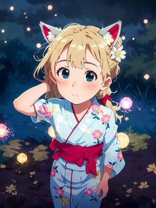 Preview wallpaper girl, ears, kimono, glow, grass, anime