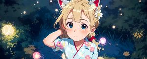 Preview wallpaper girl, ears, kimono, glow, grass, anime