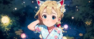 Preview wallpaper girl, ears, kimono, glow, grass, anime