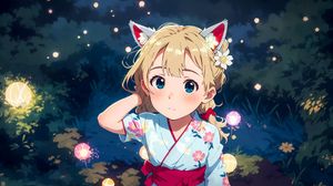 Preview wallpaper girl, ears, kimono, glow, grass, anime
